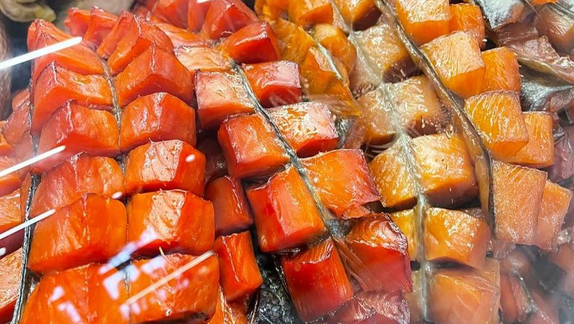 You can try dried red salmon and homemade sausages at the Farmers Fair